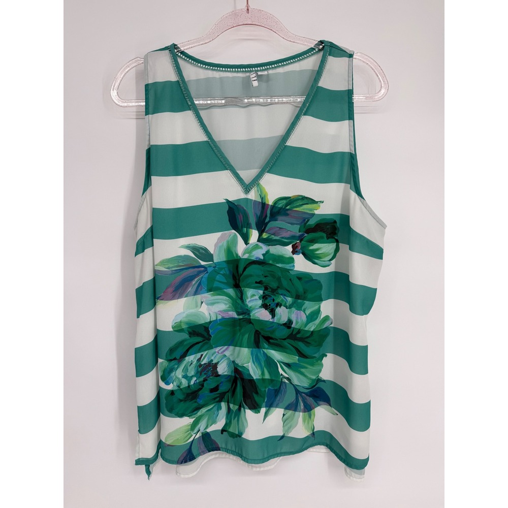 ELLE Womens Plus Striped Floral V Neck Sleeveless Tank Top XL